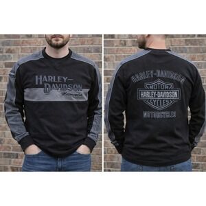 Harley-Davidson Mens Black Grey Embroidered Long Sleeve Biker Shirt  XL heavy